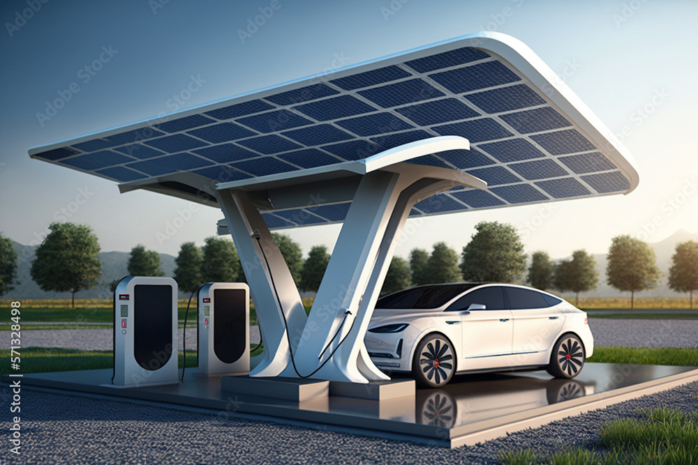 Electric car with solar panels charging station design and futuristic ...