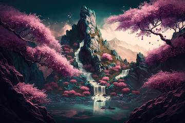 Wall Mural - illustration painting of Oriental background, digital art. Illustration of a dawn mountain fantastic landscape with waterfalls and blooming sakura (ai generated)