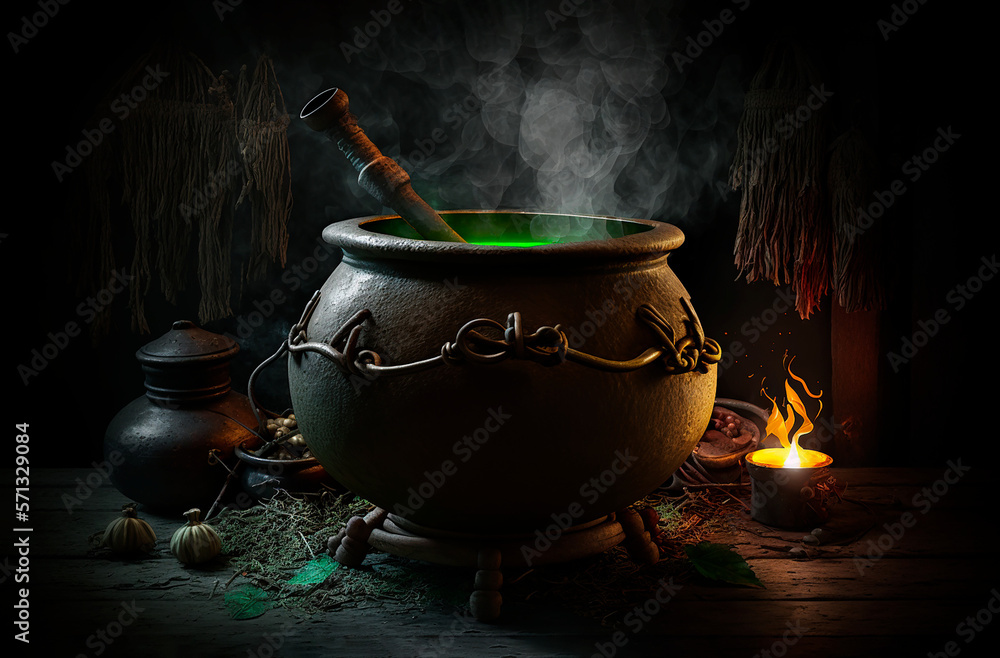 Witch cauldron in a dark room with green potion. Generative AI. Stock ...