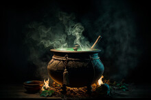 Witch Cauldron In A Dark Room Green Smoke. Generative AI.