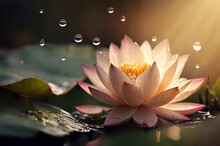 Lotus Flower In The Pond And Falling Drops
