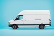 © Ecleposs - A white delivery van with branding space a blue background, This is a Royalty-free fictitious generative AI artwork that doesn't exist in real life.