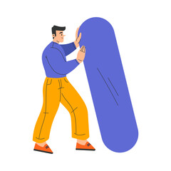 Man Character Pushing Big Blue Shape Vector Illustration.