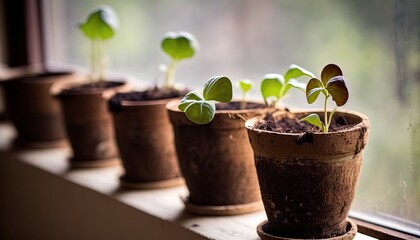 Poster -  a row of potted plants sitting on top of a window sill next to a window sill with a green plant in it.  generative ai