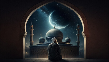 Wall Mural - muslim old man praying on a mosque with starry and crescent moon moon night. Generative AI