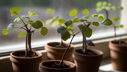 Poster -  a group of small plants sitting in a window sill next to a window sill with a window sill in the background and a window sill behind them.  generative ai