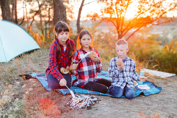 A cheerful company of two girls and a boy on a picnic in the middle of the forest. Children fry sausages on the fire, eat buns and have fun in nature. The concept of active recreation in the summer