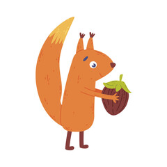 Sticker - Adorable squirrel holding hazelnut. Lovely wild animal. Cute childish print for banner, card, t-shirt cartoon vector illustration