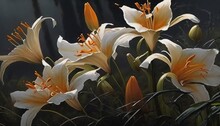  A Painting Of White And Orange Flowers In A Field Of Tall Grass With A Dark Sky In The Back Ground Behind Them And A Black Background.  Generative Ai