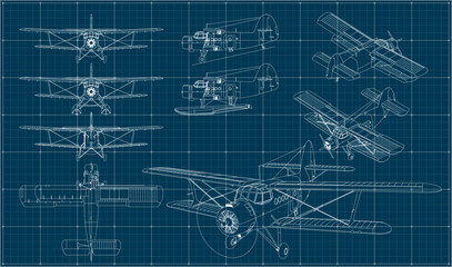 Military and civil aircraft. Biplane of the times of the USSR. Blueprint with projections and isometry. Scale model of an airplane.	