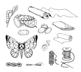 Silkworm and silk caterpillar, cocoon, butterfly, needle with threads and fabric set. Hand drawn vector illustration