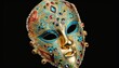  a mask with jewels and jewels on the side of it, on a black background, with a black background and a gold mask with jewels on the bottom half of the mask.  generative ai