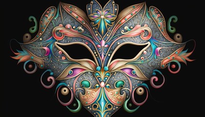 Wall Mural -  a colorful mask with ornate designs on a black background, with a black background and a white mask with ornate designs on the front of the mask.  generative ai