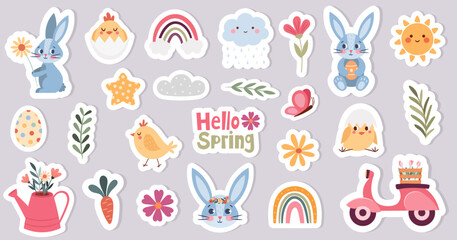 spring easter sticker set with rabbits and chickens