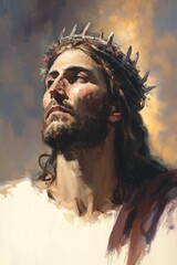 Canvas Print - Jesus Christ wearing a crown of thorns. Generative AI.