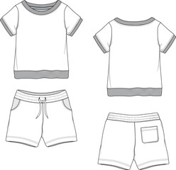 Wall Mural - Infant Baby Toddler Raglan Fleece Sweatshirt Shorts Set Mockup Sketch Template Technical CAD Illustration