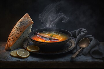 Wall Mural - Steamy salmon soup. Generative AI.