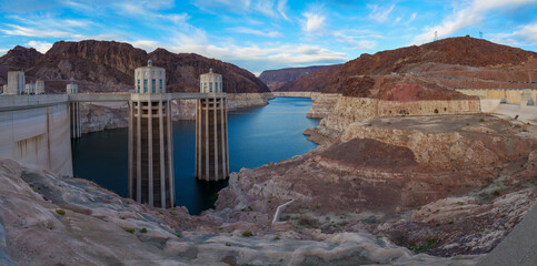 Hoover Dam with record low water level, shot in Feb 2023