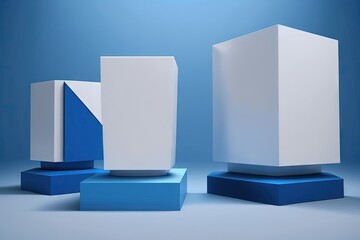 Canvas Print - Empty display podiums in blue and white with a blue and white background for product advertising are used as an illustration. Generative AI