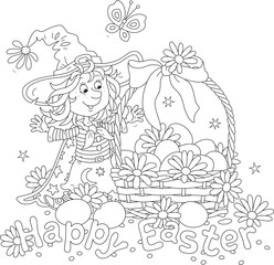 Wall Mural - Easter card with a happy little fairy and a wicker basket of painted gift eggs with spring flowers, a merry fluttering butterfly and a bow, black and white vector cartoon illustration