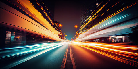 Wall Mural - abstract long exposure dynamic speed light trails in an urban environment. generative ai