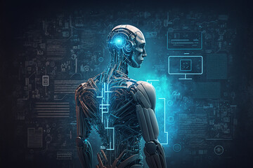 Ai robot or android machine digital technology concept idea. Neural network artificial intelligence. Ai generated