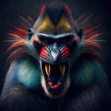 Mandrill Portrait With Open Mouth. Looking At Camera. Close Up.