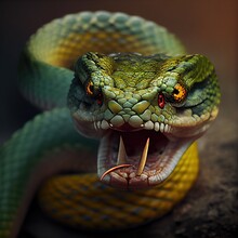 Green Snake With Open Mouth. Front View.
