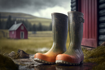 Wellingtons on a farm in mud and rain. Farming concept, generative Ai. 