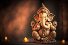 Ganesha, Hindu Elephant Statue With Golden Bokeh. Generative Ai. 