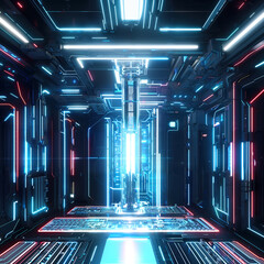 Canvas Print - futuristic room illuminated by neon lights, powered by an electric energy source and technology. gen