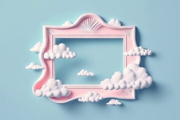 Vintage white frame with pink cloud shapes on a light blue background. minimal composition of the border. Generative AI