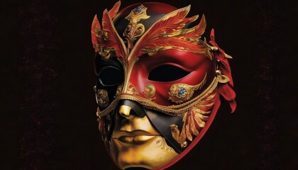 Sticker -  a red and gold mask on a black background with a gold mask on it's head and a red and gold mask on its face.  generative ai