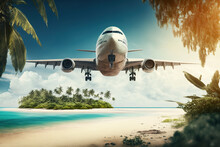 Airplane Landing At Tropical Resort, Plane Flying Above Sea Beach And Jungle, Generative AI