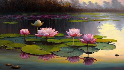  a painting of a pond with water lillies and a pink flower in the middle of the pond, with a sunset in the background.  generative ai