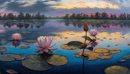  a painting of water lilies in a pond with a sunset in the background and clouds in the sky over the water and trees in the distance.  generative ai