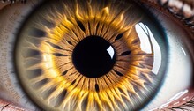  A Close Up Of A Human Eye With A Yellow Iris And Black Iris In The Center Of The Iris And A Black Circle Around The Iris.  Generative Ai