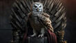 owl king or queen standing on a throne made from swords. Imperial superb owl ruler on throne