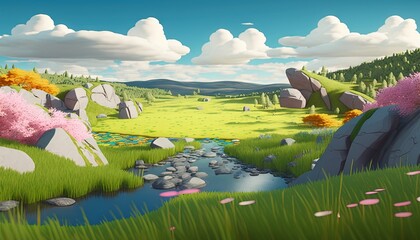 Poster -  a painting of a river running through a lush green field with rocks and flowers in the foreground and a blue sky with white clouds.  generative ai