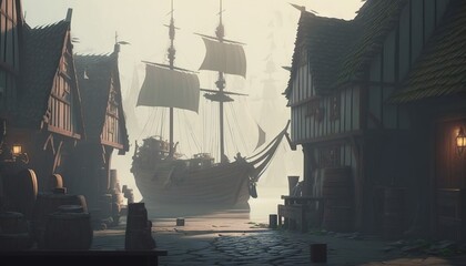 Sticker -  a pirate ship sailing through a foggy harbor with buildings and cobblestone streets in the foreground and a cobblestone walkway in the foreground.  generative ai