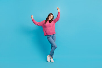 Poster - Full length size photo of relax carefree lady wear pink sweater vibe music chill out have fun enjoy rhythm weekend isolated on blue color background