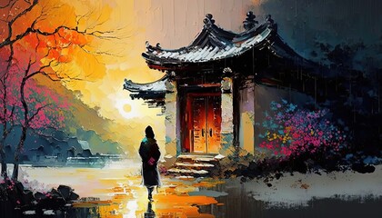 paint like illustration of beautiful ancient Asian village small town with people walking on narrow road along with cherry blossom tree in spring time, Generative Ai