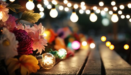 Wall Mural - flower bouquet on wood table in night time , local restaurant romantic atmosphere, Generative Ai