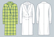 Сlassic double breasted Coat technical fashion illustration, yellow plaid design. Jacket fashion technical drawing template, front,  back view, white, Outerwear women, men, unisex CAD mockup set.