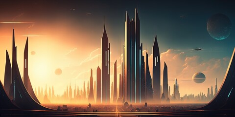 Wall Mural - futuristic city skyline concept Business vision in the future. Illustration. Generative AI