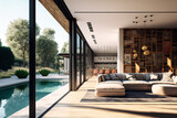 Fototapeta Natura - With a background of a pool terrace and brown furnishings, the interior of a modern home features a huge open sliding door that looks out into a swimming pool and the surrounding landscape. Generative