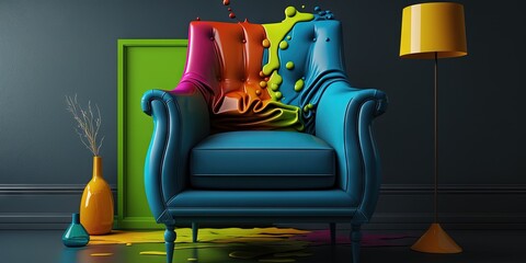 Canvas Print - Trendy room interior with modern color armchair. Generative AI