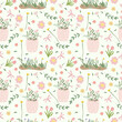 Spring seamless pattern with colored flowers in a vase, green leaves, butterfly, hearts. Spring bloom and luxury. Floral pattern can be used as textile, fabric, wallpaper, banner, etc. Vector