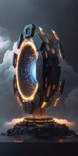 Sci Fi Mech Circle Shaped Pedestal With Futuristic Rings Made Of Glowing Leds, Grungy Black Clouds, And Fog, Etc. Big Data, Computer Hardware, Artificial Intelligence, And Cryptocurrency. Generative