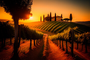 Wall Mural - Vineyard landscape on sunset. Spain hills vineyard, olive trees in autumn season. Vineyard with ripe grapes in a mediterranean country. Farm field in rural. Wineyard with grape rows. Grape valley